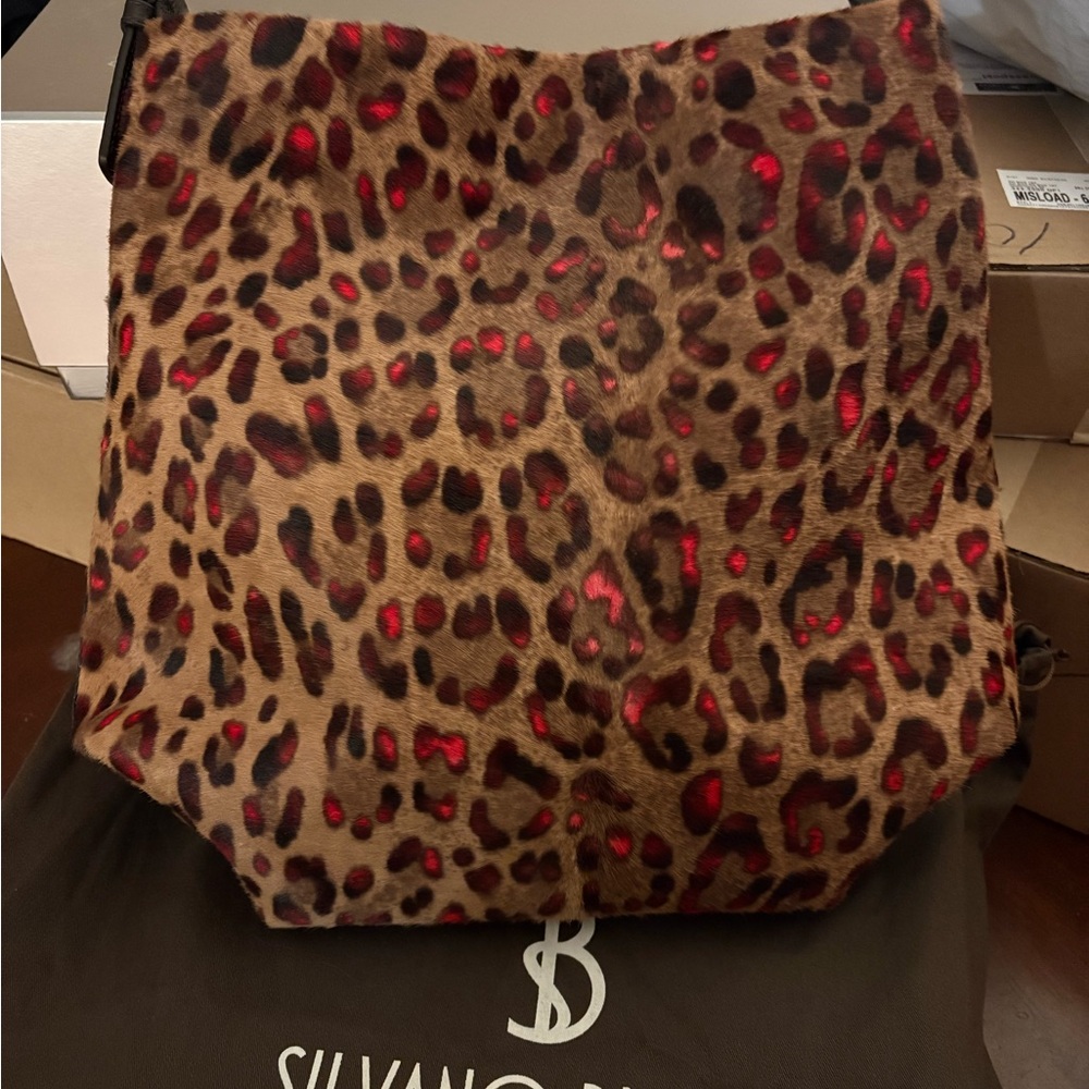 Leopard Print Bucket Bag with Red Accents